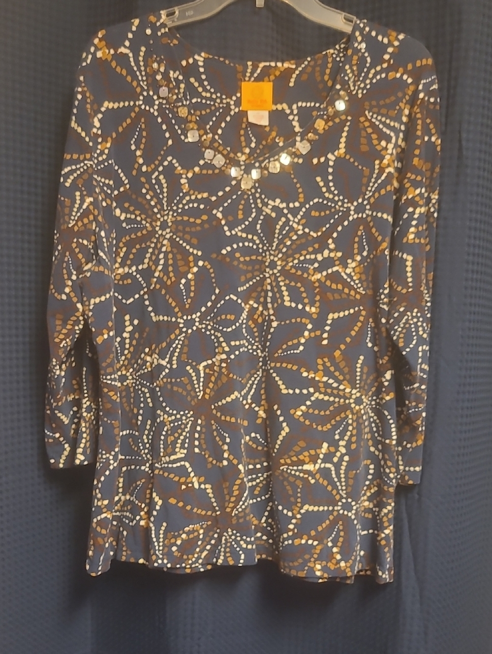Ruby Rd. Navy V-Neck Long Sleeve Top with Gold Dot Floral Print